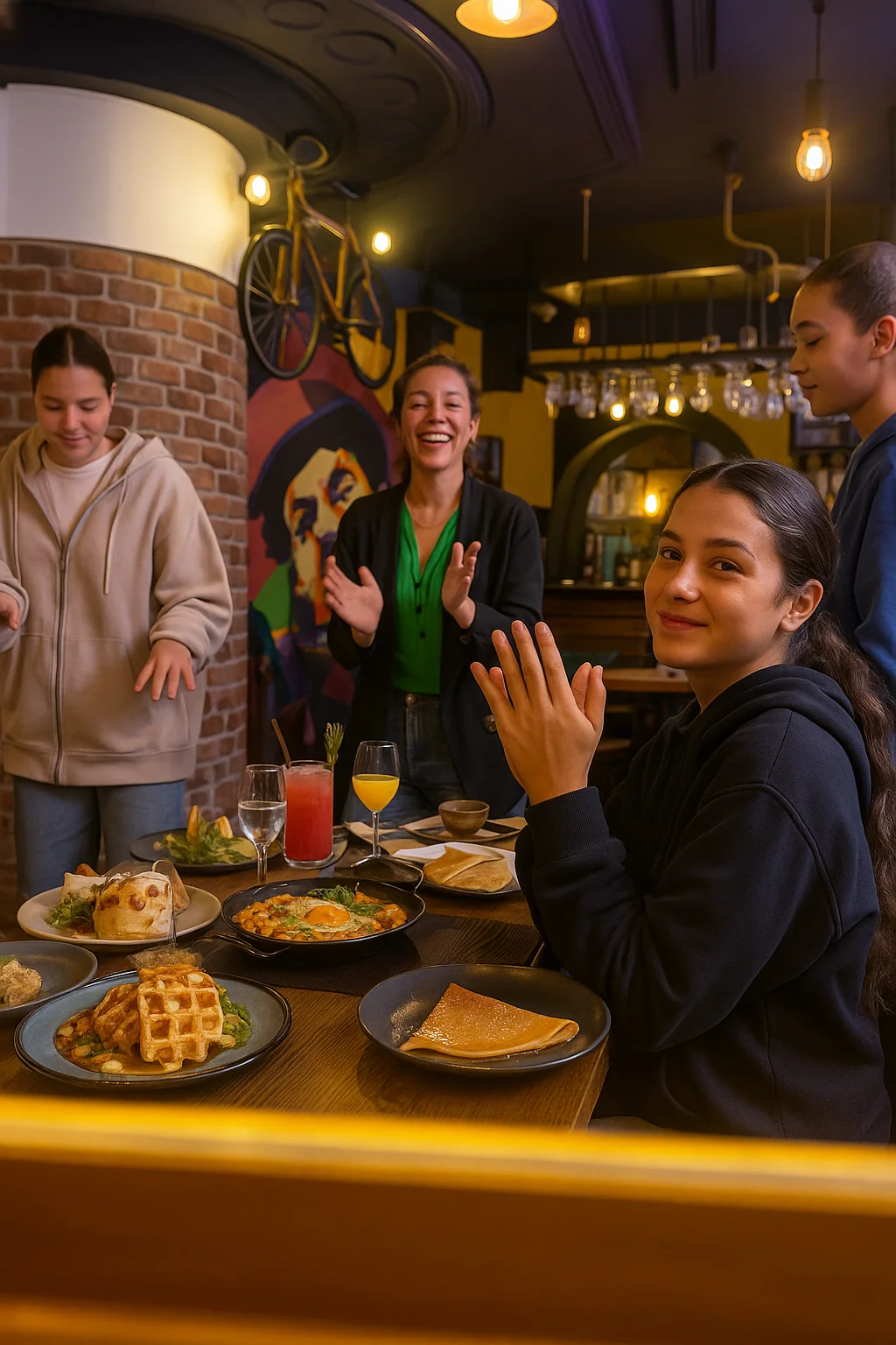 Groupe d’amis célébrant autour de crêpes chez Chaplin